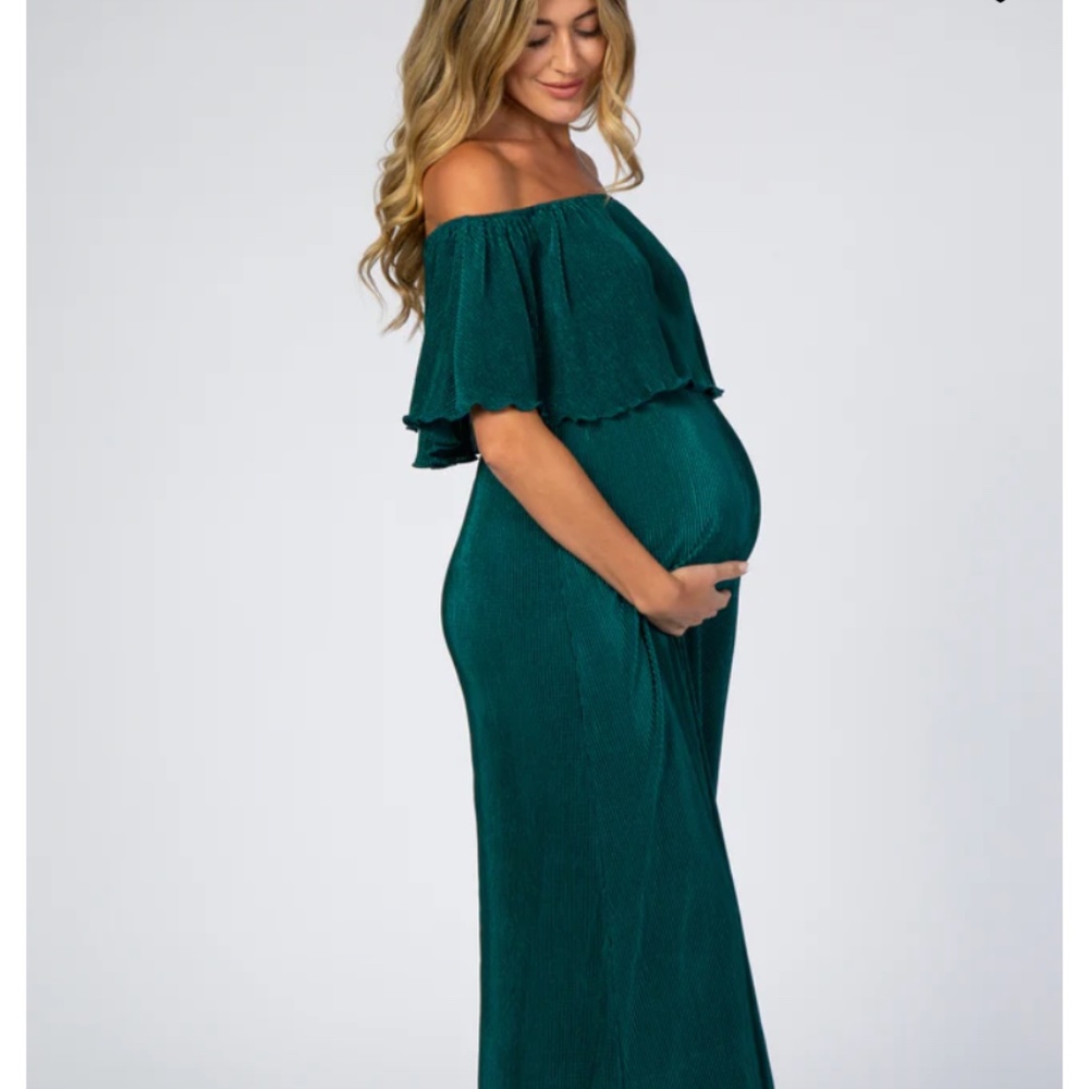 Forest Green Pleated Ruffle Off Shoulder Maternity Maxi Dress